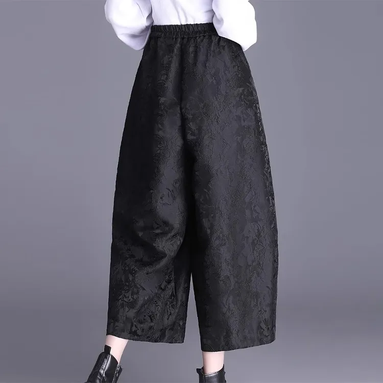 高端洋气时尚提花阔腿裤女2025秋冬款大码显瘦九分花苞裤休闲靴裤