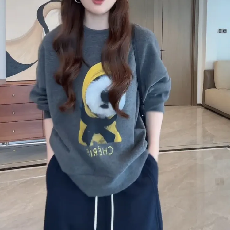 美式复古休闲减龄宽松慵懒圆领卡通小狗字母卫衣LK2506352