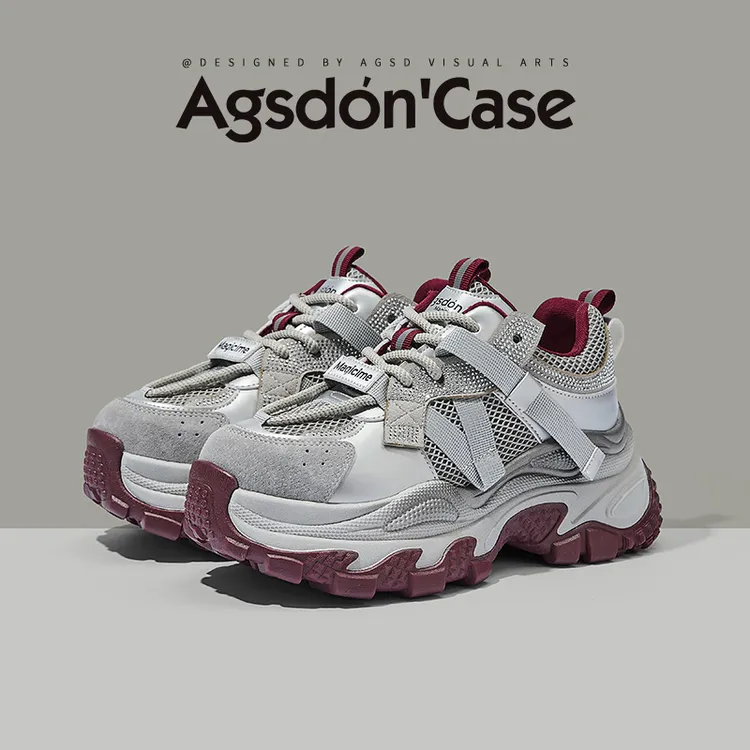 ~奥古狮登厚底老爹鞋女2025新款秋冬水钻拼接灰红撞色百搭运动鞋W