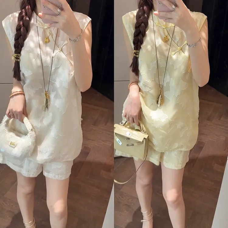 刺绣国风新中式套装女士2025夏季新款立领无袖上衣短裤两件套潮流