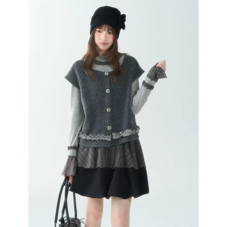 【叠屿玫漪】新款叠穿套装木耳边针织开衫撞色打底衫花苞裙三件套