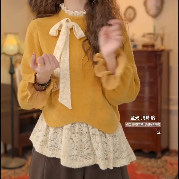 设计感蕾丝拼接长袖温柔风针织衫T恤立领上衣LK2509107