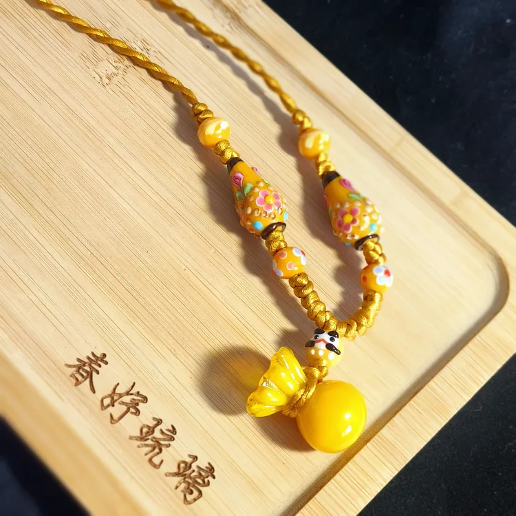 铜合金琉璃项链 原创琉璃绳编小福袋毛衣链