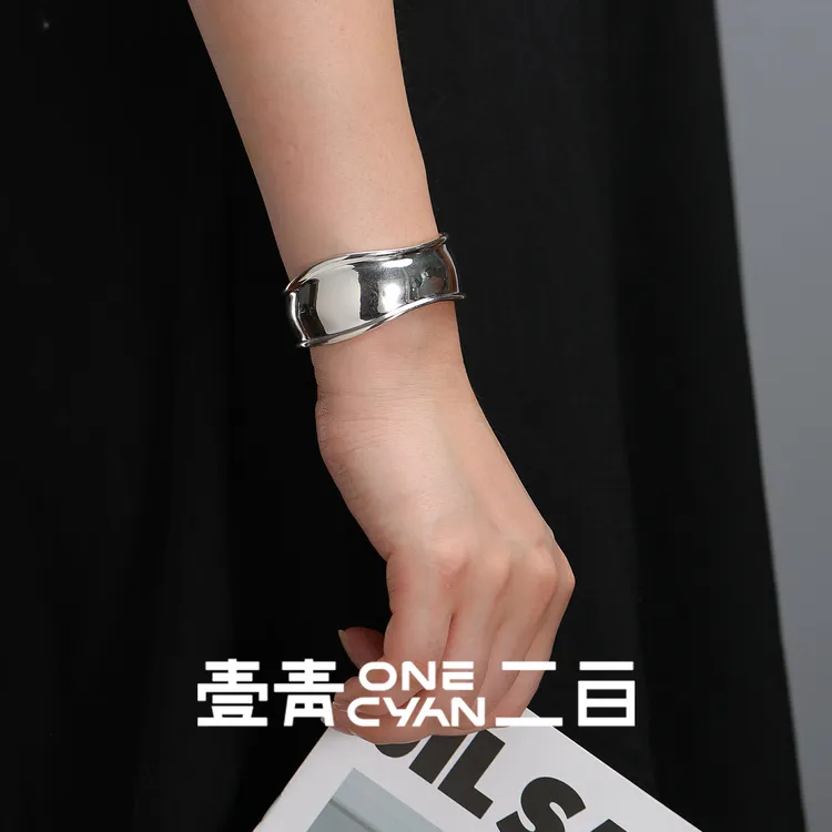ONECYAN 925银手镯 《无间》纯银实心宽版开口手镯