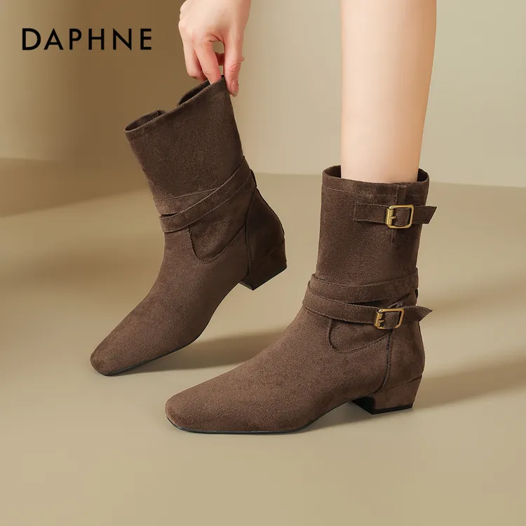 Daphne/达芙妮方头配裙子时装靴女气质粗跟瘦瘦靴百搭时尚小短靴