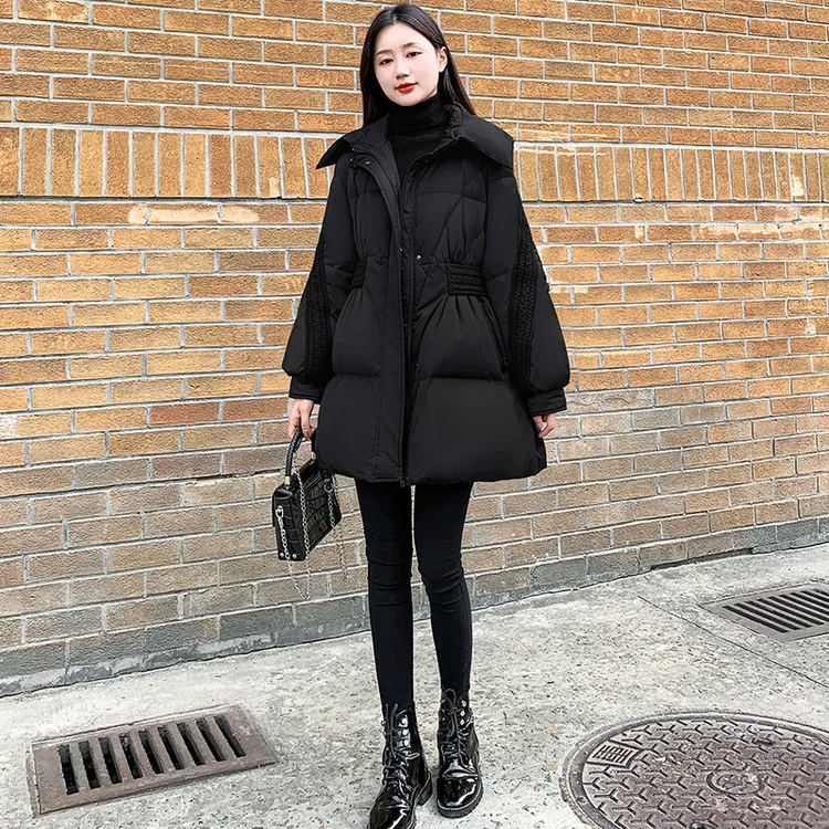 黑色小个子中长款A字羽绒服女冬2025新款修身显瘦减龄白鸭绒外套