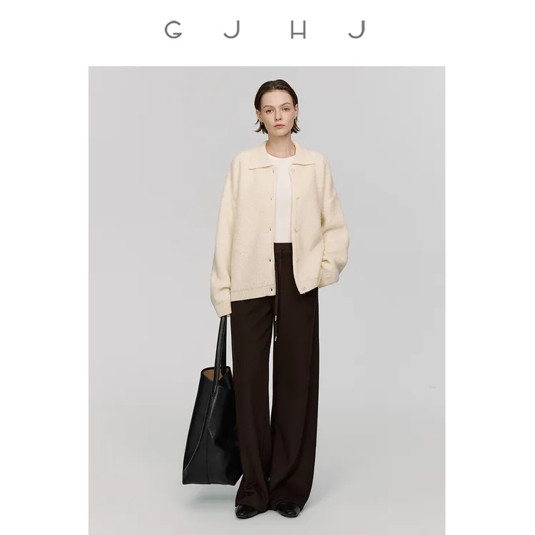 GJ-HJ翻领毛衣开衫 100%羊毛 罗文纽扣门襟针织外套休闲显瘦实穿