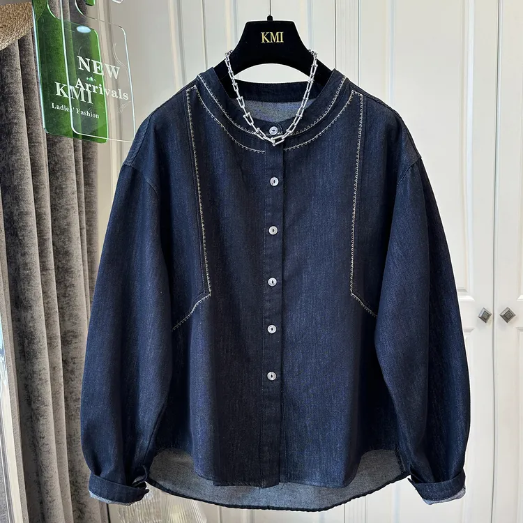 设计感前短后长圆领牛仔衬衫外套女2025秋季新款韩系休闲宽松上衣