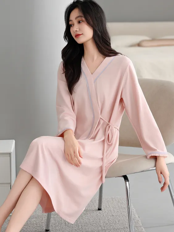 2025新款秋季女士睡裙中长款浴袍睡衣纯色睡袍开衫家居服睡衣睡裙