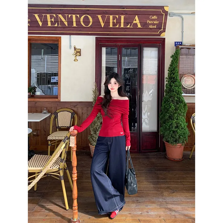 轻熟风纯欲辣妹一字领喜庆红色长袖针织衫上衣高腰垂感休闲牛仔裤