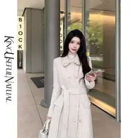  KUN【高智感大衣】江南贵妇 竖条纹浅紫色收腰版型粗花呢长款外套