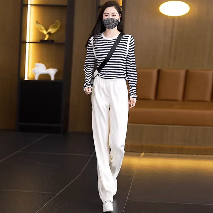 2025大码女装夏新款休闲运动圆领时尚宽松条纹显瘦上衣长裤两件套