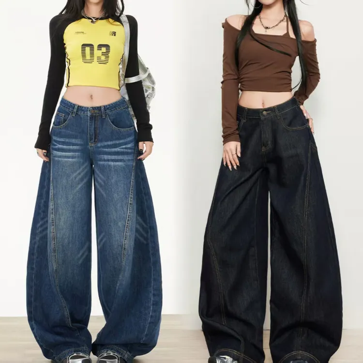 美式复古弯刀牛仔裤女2025秋季新款高腰宽松阔腿直筒休闲拖地裤子