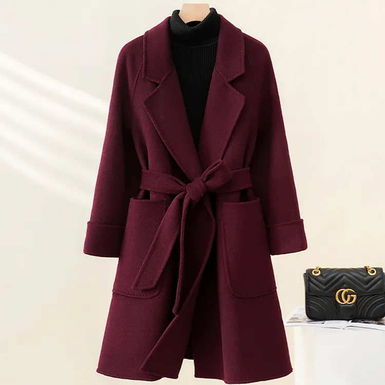 拉菲红双面羊绒大衣女中长款秋冬保暖气质百搭系带高端羊毛呢外套