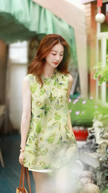 《佩佩定制》新中式时尚百搭气质立领修身夏季绿色衬衫5304