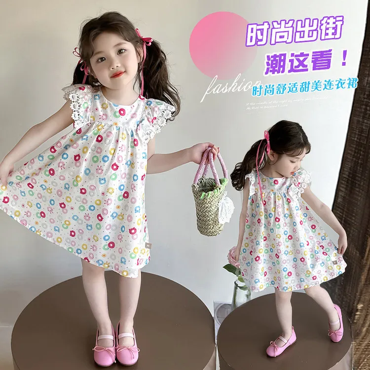 女童连衣裙新款中小童休闲印花短袖圆领儿童公主裙碎花宝宝小裙子