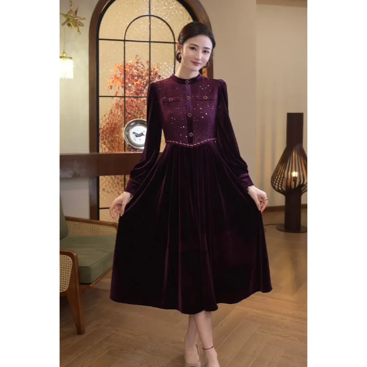 唐熹2024秋冬季新款【X24-Q289】气质拼接紫色丝绒外穿内搭连衣裙子