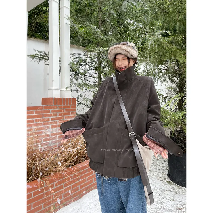 JCCC影子【琥珀暖】深咖色90白鸭绒复古宽松立领皮衣羽绒服JE5AYW10