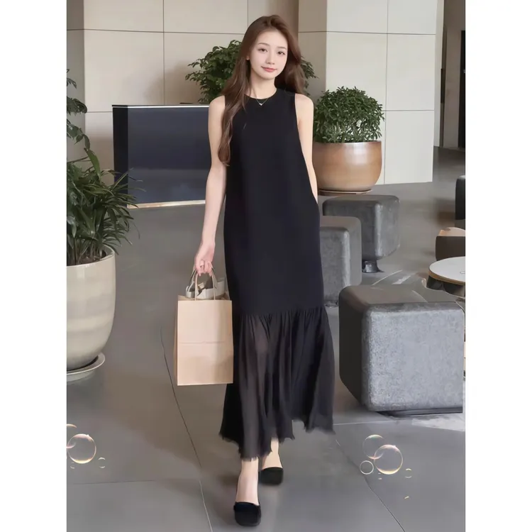 欧货轻奢夏季新款黑色无袖连衣裙女设计感小众拼接网纱气质长裙子