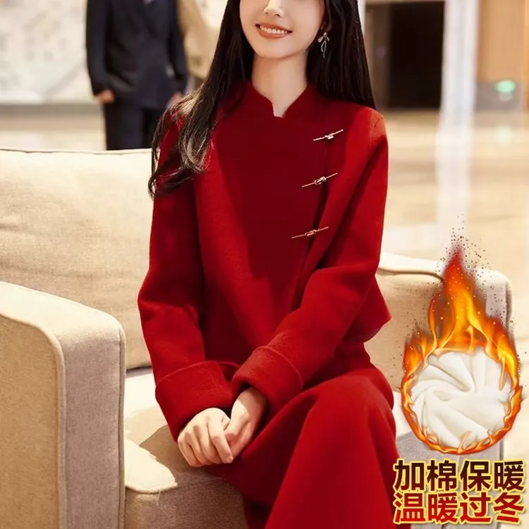 新中式国风红色毛呢套装女秋冬季订婚礼服上衣半身裙高级感两件套