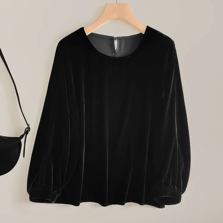 （福利款）高级简约大气真丝丝绒圆领灯笼长袖