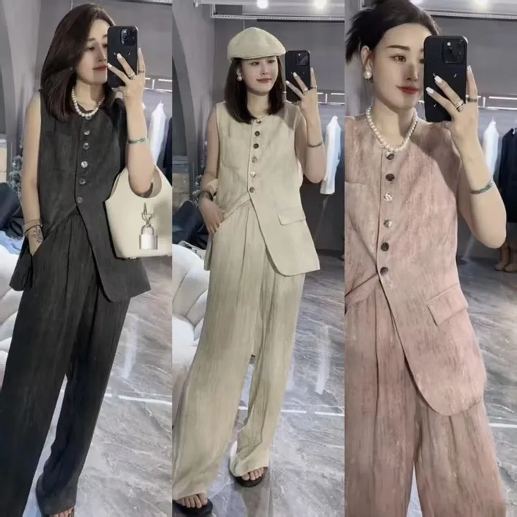 夏季新款扎麻马甲搭配直筒阔腿裤时尚复古高级显瘦套装