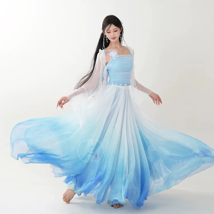 荷叶边珍珠水钻花朵吊带古典舞大摆裙飘逸练功演出服