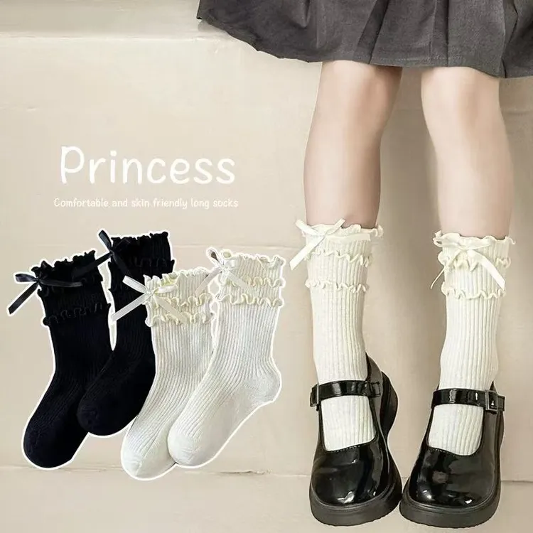 女童袜子春秋季棉袜儿童洛丽塔花边公主袜韩版洋气女孩宝宝中筒袜
