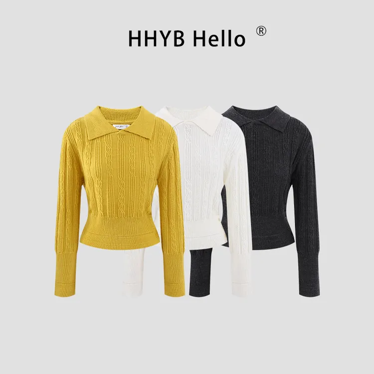 HHYB Hello锁链绞花翻领收腰针织衫上衣新款春秋短款毛衣M1678
