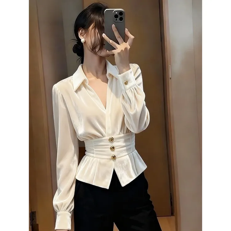 白色丝绒衬衫女秋冬轻奢高级感独特漂亮巨好看掐腰法式小资小上衣