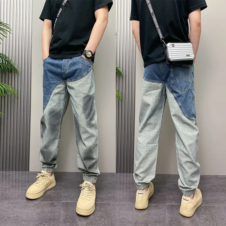 设计感撞色拼接束脚牛仔裤男春秋款痞帅潮牌扎染做旧哈伦休闲裤子