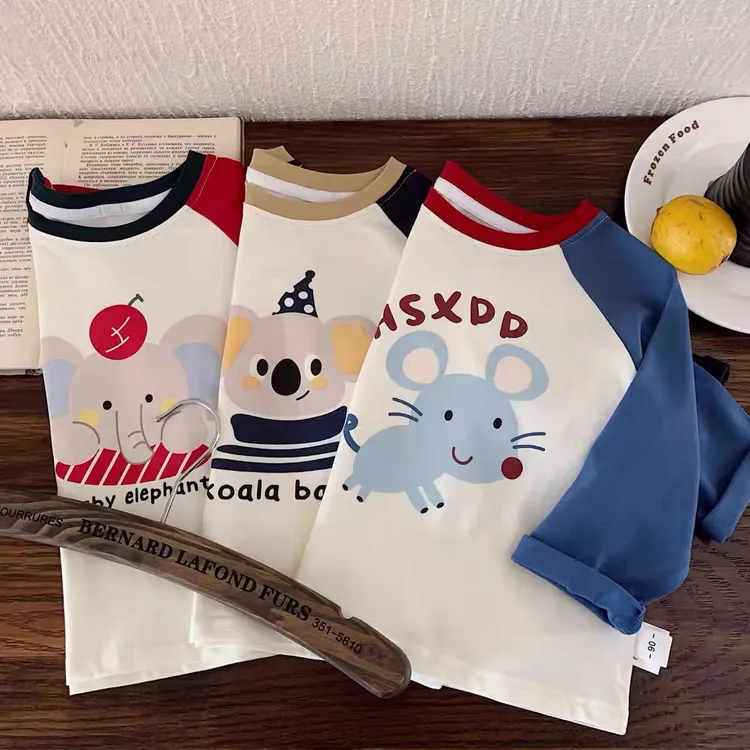 儿童t恤2025新款韩版男女童秋装卡通插肩袖套头衫宝宝长袖打底衫