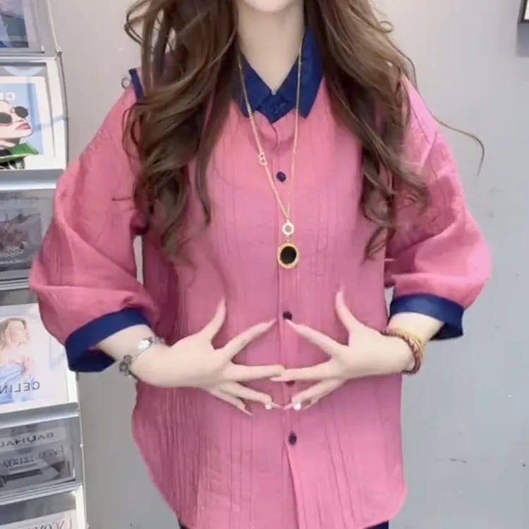 洋气七分袖韩版衬衫衬衣新款气质撞色翻领宽松休闲