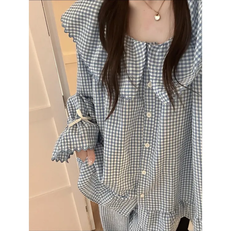 春秋季爆款日系娃娃领格子休闲长袖睡衣女款长裤可外穿家居服套装