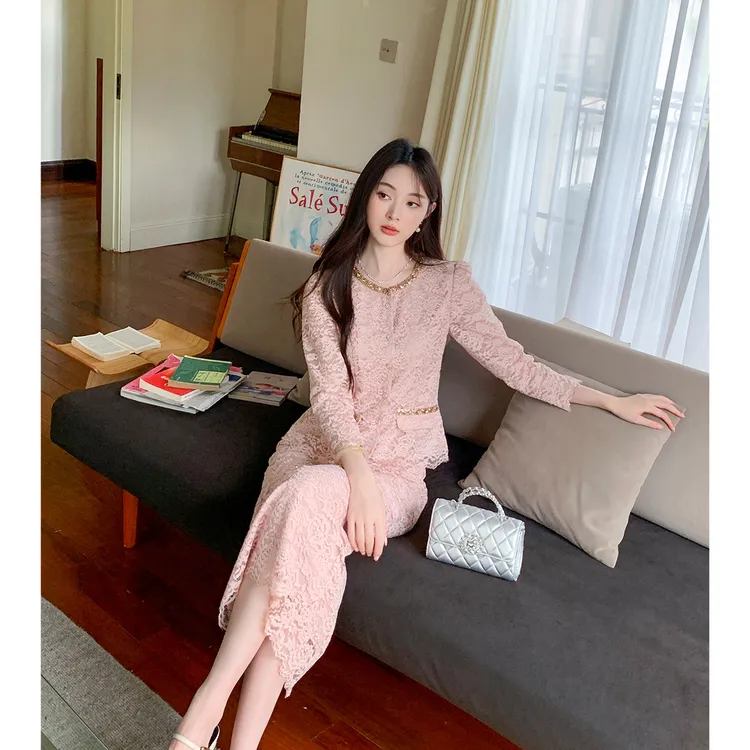 GERTCOREL2025新款秋季法式轻奢重工钉钻衬衫长裙粉色显瘦套装女