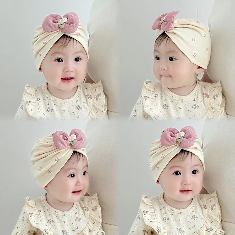 新生儿秋冬蝴蝶结套头帽0-6月婴幼儿护囟门胎帽包头帽磨毛印度帽