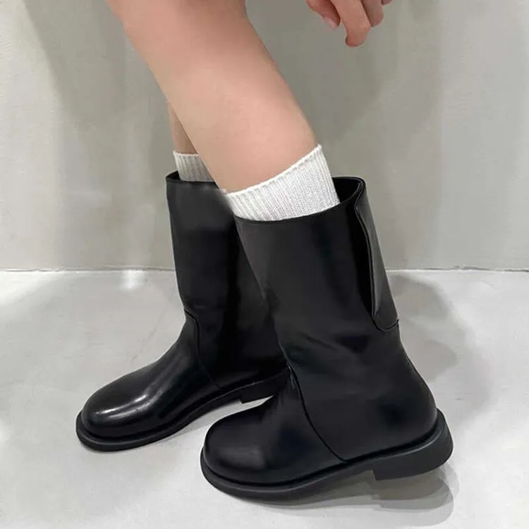 牛皮版~韩国博主圆头翻折套筒百搭中筒靴粗跟真皮套筒显瘦短靴