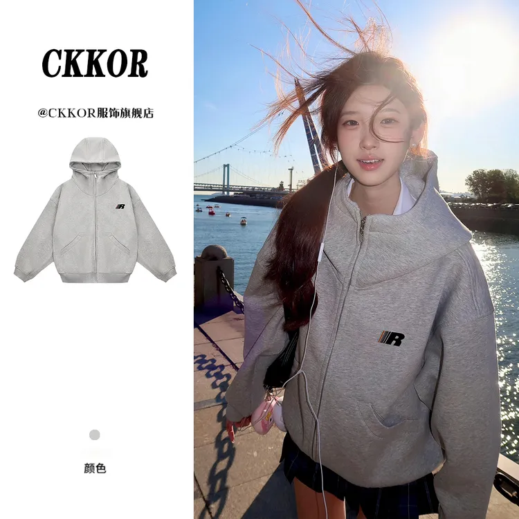 CKKOR潮牌oversize美式高街高领连帽卫衣女宽松慵懒风情侣款外套 