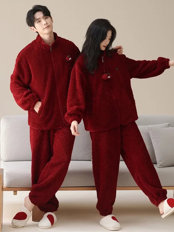 秋冬季红色情侣睡衣男女加绒加厚珊瑚绒新婚结婚可外穿本命年套装