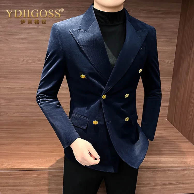 YDIIGOSS休闲西装男外套春季商务正装双排扣上衣2025新款灯芯绒