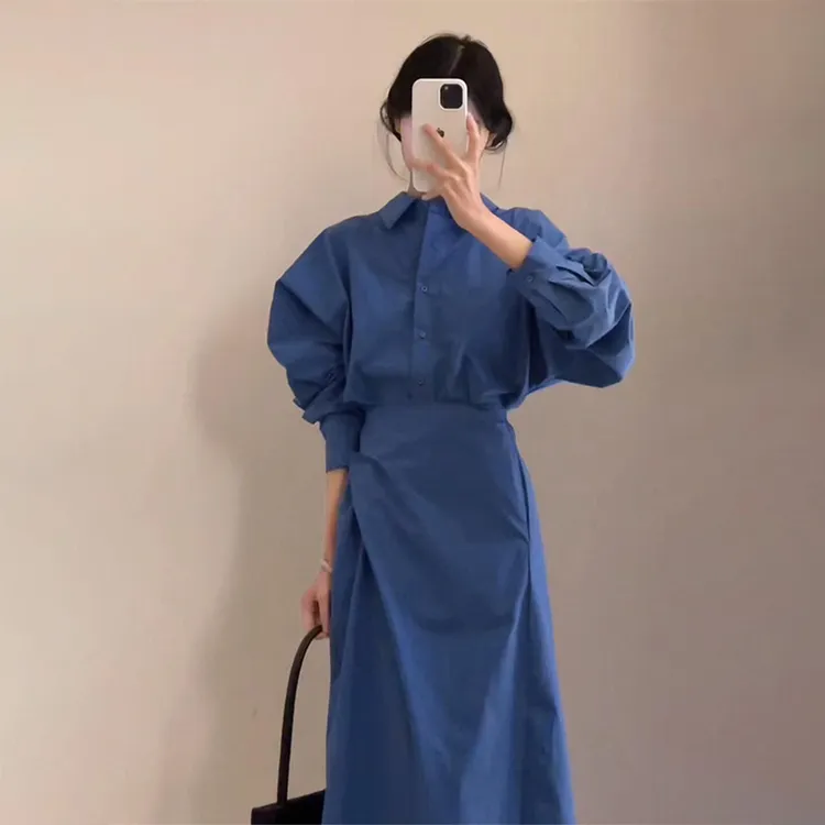 开春穿搭蓝色长袖衬衫连衣裙子女早春季2025新爆款高级感套装1551