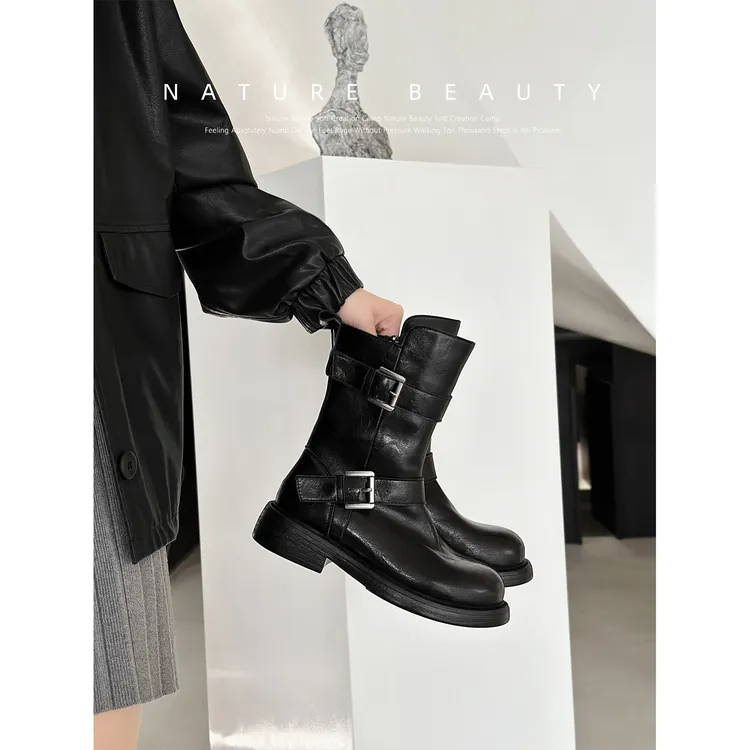 自然卷褶皱双扣粗跟厚底机车短靴复古风西部短靴擦色通勤马丁靴女