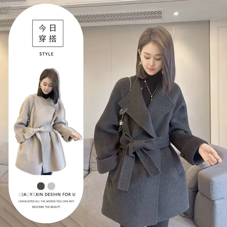 韩版洋气毛呢大衣中长款气质腰带外套女秋冬法式女款中长毛呢外套