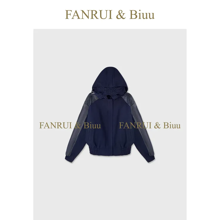 FANRUI/泛芮「贝贝biuu」羊毛拼皮蕾丝连帽百搭高级感外套女B18430