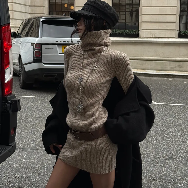 韩好甜WARDEN EDGE 卡其色高领毛衣裙加厚收腰内搭针织连衣裙短裙