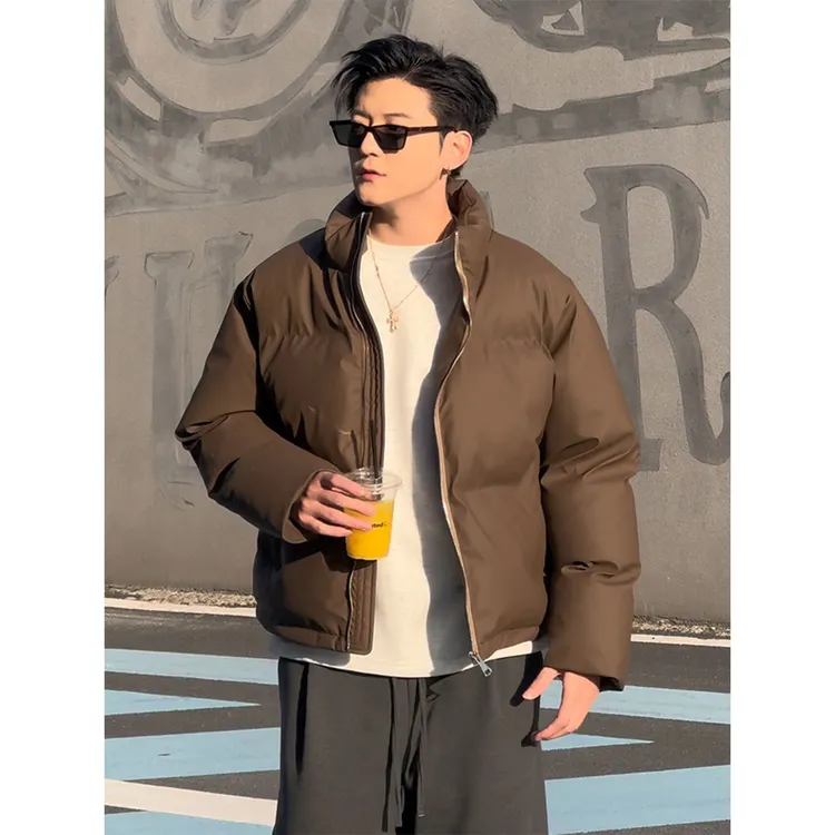 美拉德色系棉衣男款冬季加厚防风防水PU皮面包服痞帅立领短款棉服