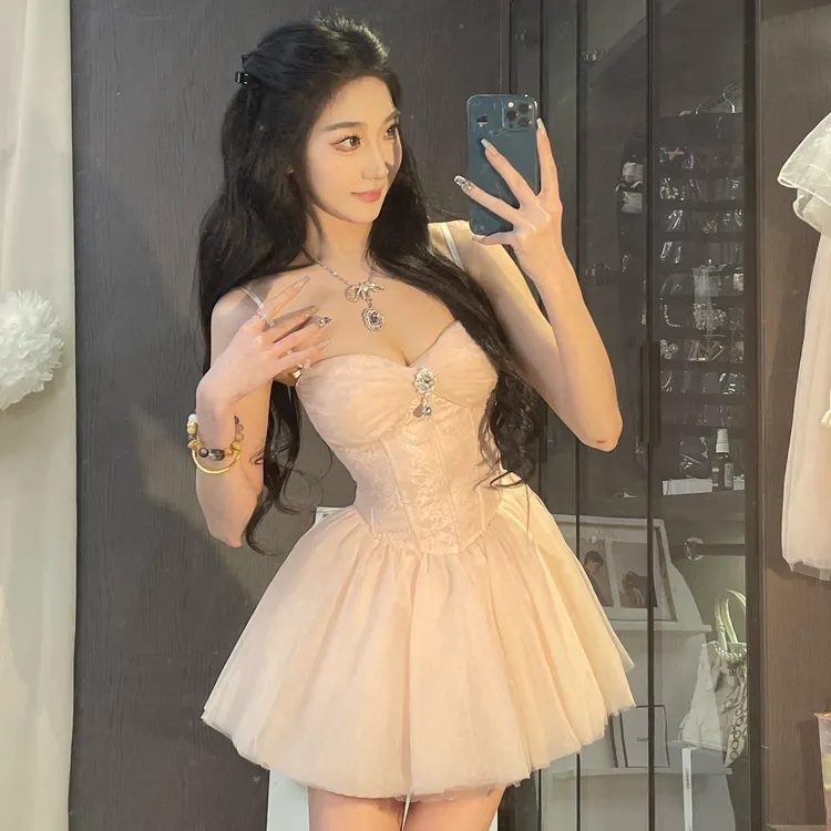 【梦中诗篇】法式纯欲风甜美吊带网纱蓬蓬裙女款连衣裙