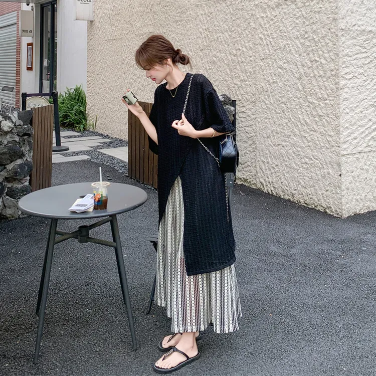 率性百搭镂空罩衫条纹阔腿裤套装2025女夏新款韩系显瘦气质两件套