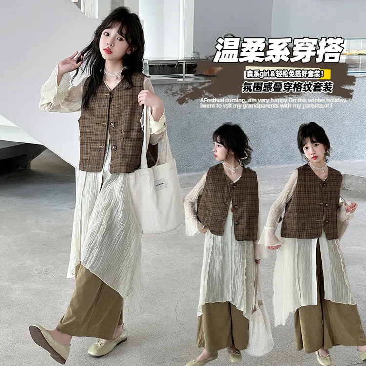 童装女童套装中大童马甲连衣裙阔腿裤三件套女童田园风休闲三件套