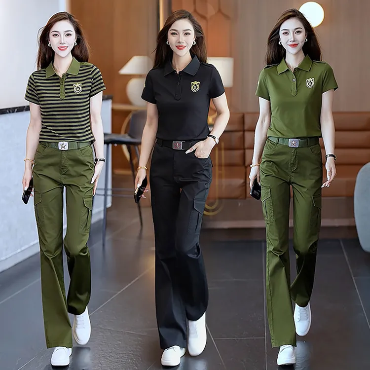 微喇叭裤套装夏季水兵舞新款迷彩服两件套T恤上衣显瘦工装长裤女